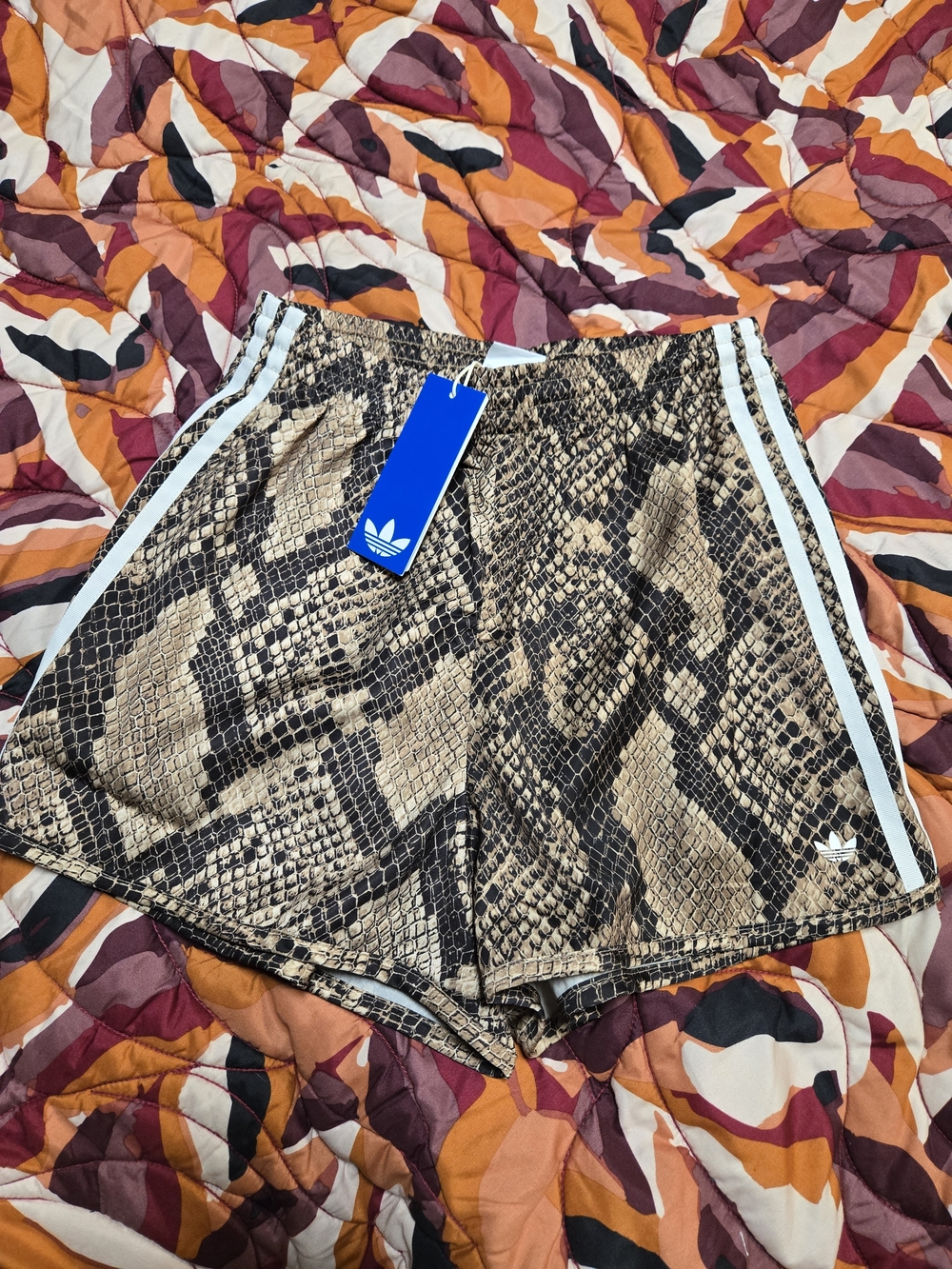 adidas Snake Print Satin Shorts in the Linen / Magic Beige
